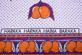 Fragment of kanga with Swahili text “Haraka haraka haina baraka” (Hurry hurry has no blessing). (Source: Kanga Collection Textile Research Centre Leiden, Photo: Hans Splinter)