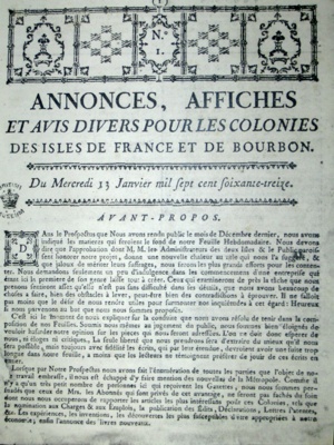 Annonces, affiches, et avis divers pour les colonies des Îles de France et de Bourbon