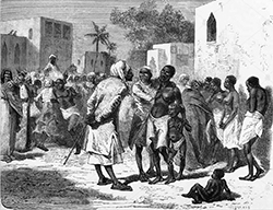 The slave market in Zanzibar, Tanzania, East Africa. From El Mundo en la Mano, published in 1878.